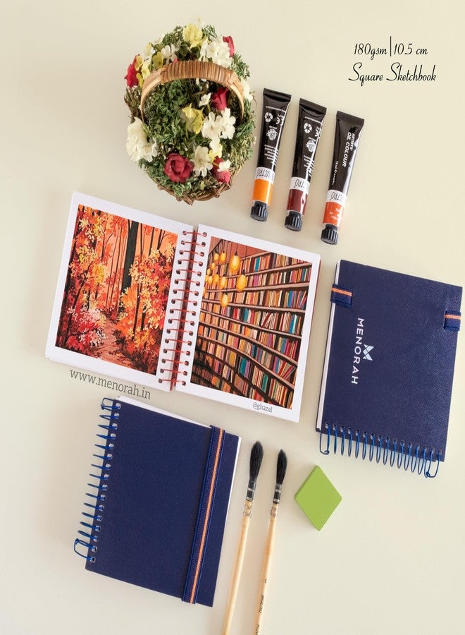 MENORAH مينورا - دفتر رسم فني - مربع - 180 غرام/م² - الحجم (10.5 × 10.5 سم) عبوة من 2 - دفتر رسم صغير الحجم للسفر - 100 صفحة/50 ورقة - غلاف معدني حلزوني متين - كتاب فني (أزرق داكن) - Image 5